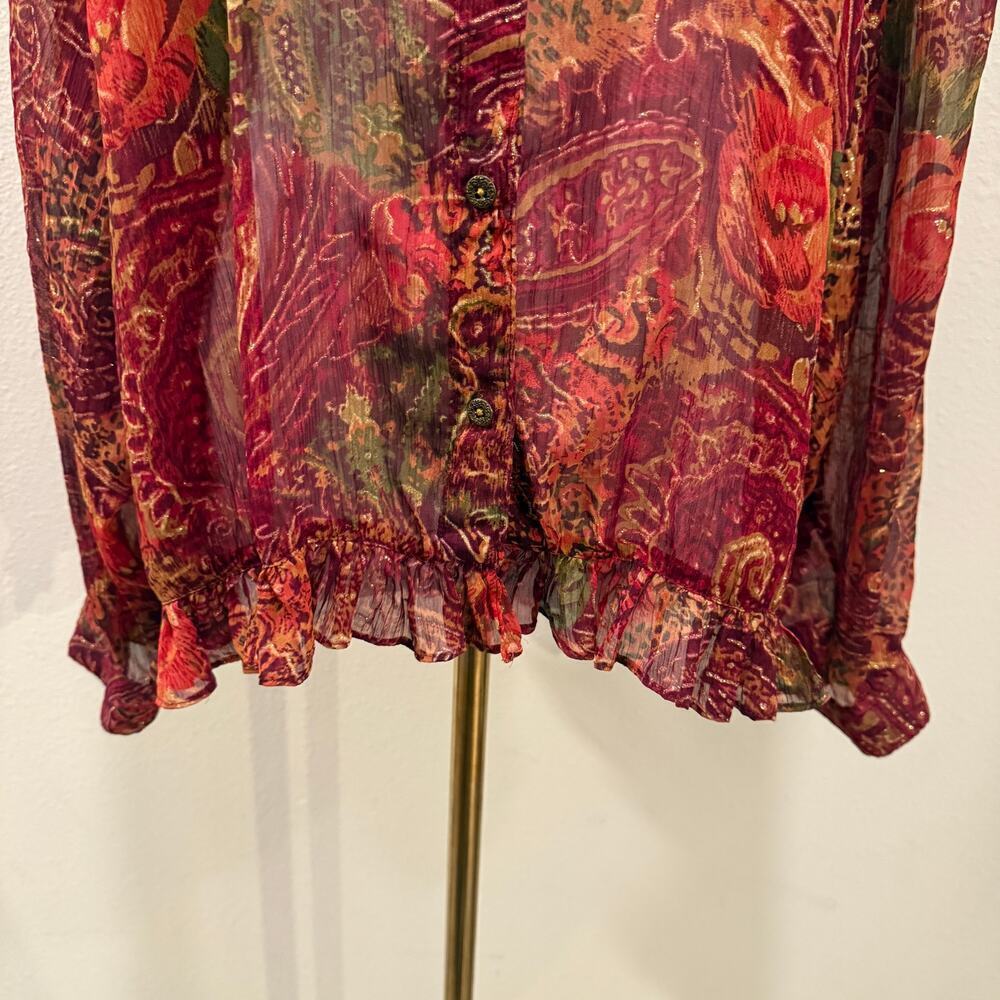 Coldwater Creek Burgundy Sheer Shimmer Paisley Blouse Boho Romantic Large Indie - Picture 5 of 9